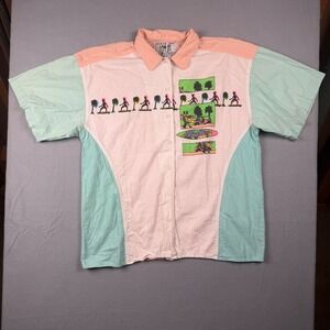 Vintage 90's Bugle Boy Mens Medium Color Block Surf Graphic Button Up Shirt